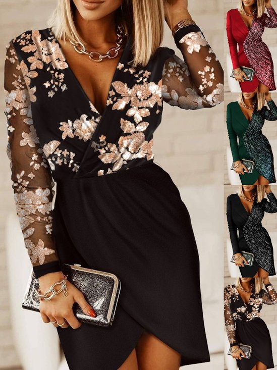 Damen Geblümt Langarm Frühling/Herbst Nahtverarbeitung Kleid V-Ausschnitt Täglich Lässig Mini Hüftrock A-Linien-Kleid
