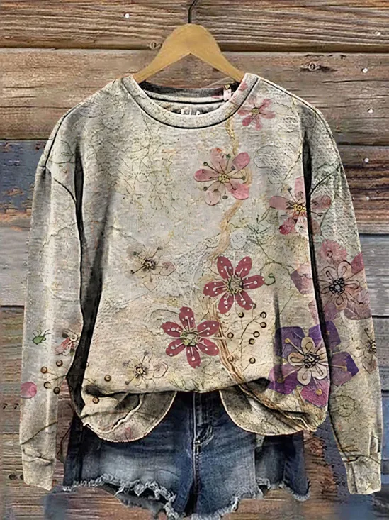Damen Geblümt Rundhals Print Lässig Frühling/Herbst Langarm Sweatshirt