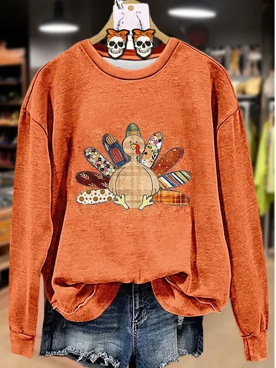 Damen Truthahn Rundhals Print Lässig Frühling/Herbst Langarm Sweatshirt