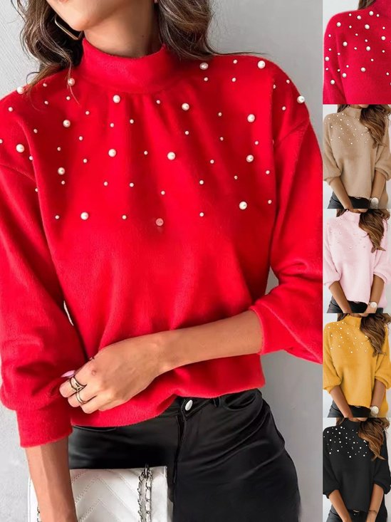 Damen Unifarben Perlen Winter Straße Langarm Rundhals Pullover