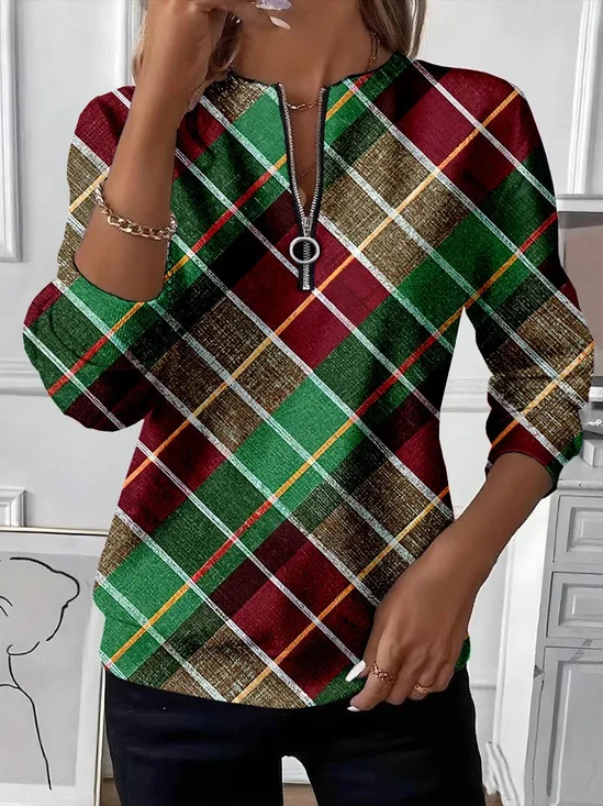 Damen Kariert Rundhals Print Lässig Frühling/Herbst Langarm Sweatshirt