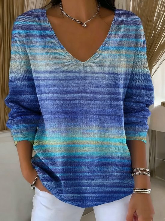 Damen Farbverlauf Frühling/Herbst Lässig Langarm V-Ausschnitt Baumwolle Pullover