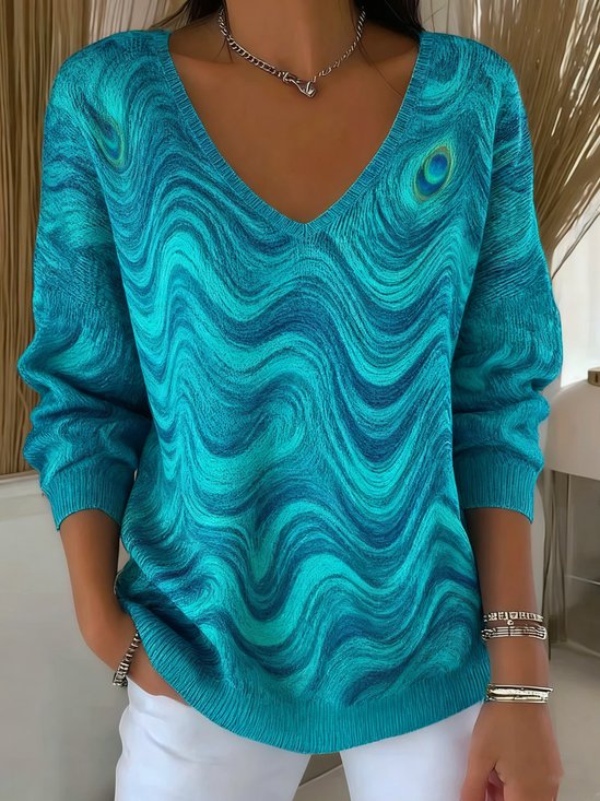 Damen Farbverlauf Frühling/Herbst Lässig Langarm V-Ausschnitt Baumwolle Pullover