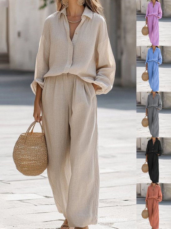 Damen Unifarben Nahtverarbeitung Zweiteiliges Set Täglich Langarm Lässig Frühling/Herbst Bluse mit Hose Matching Set