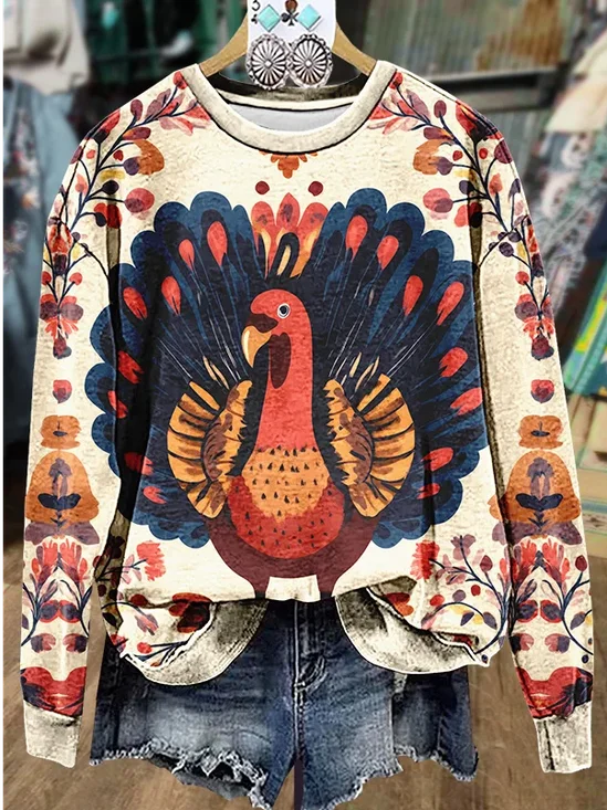 Damen Truthahn Rundhals Print Lässig Frühling/Herbst Langarm Sweatshirt