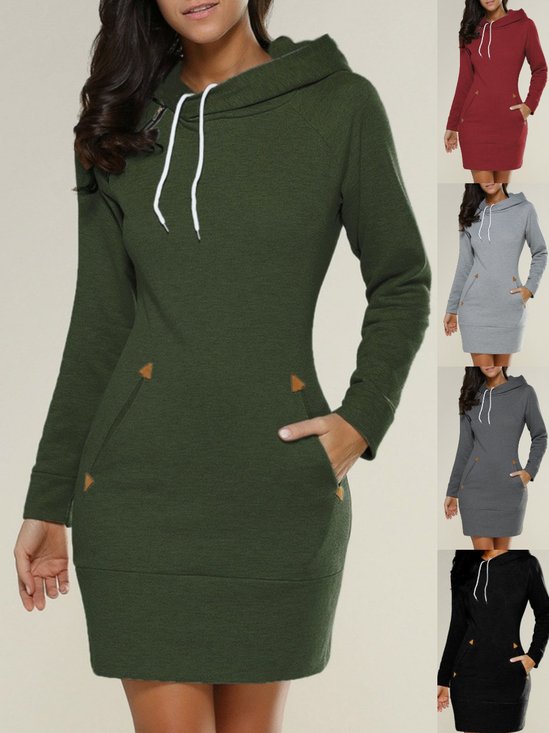 Damen Unifarben Langarm Frühling/Herbst Nahtverarbeitung Kleid Kapuze Täglich Retro Mini Tanktop A-Linien-Kleid