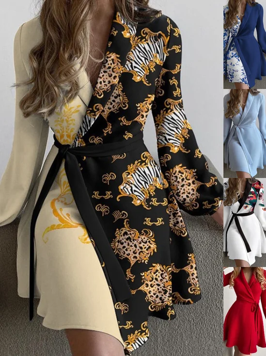 Damen Geblümt Langarm Frühling/Herbst Print Kleid V-Ausschnitt Täglich Retro Mini Hüftrock A-Linien-Kleid