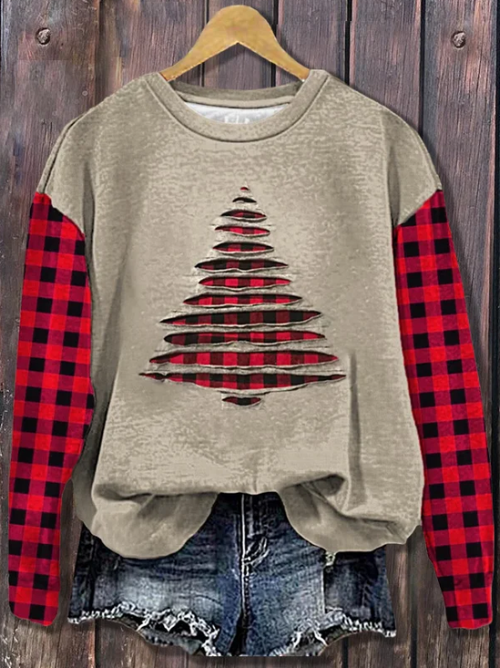Damen Kariert Rundhals Print Lässig Frühling/Herbst Langarm Sweatshirt