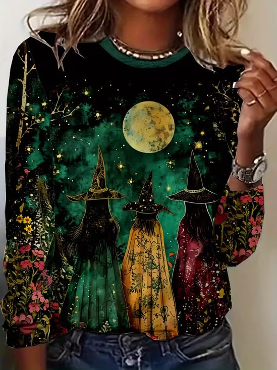 Damen Halloween Langarm T-Shirts T-Shirt Rundhals Print Lässig Frühling/Herbst T-Shirt mit Grafik Oberteile
