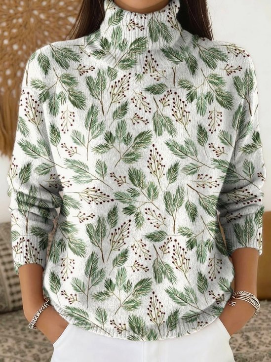 Damen Geblümt Retro Langarm Rollkragen Winter Pullover