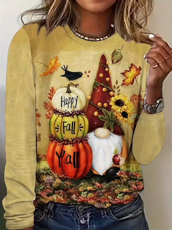 Damen Ahornblatt Langarm T-Shirts T-Shirt Rundhals Print Lässig Frühling/Herbst T-Shirt mit Grafik Oberteile