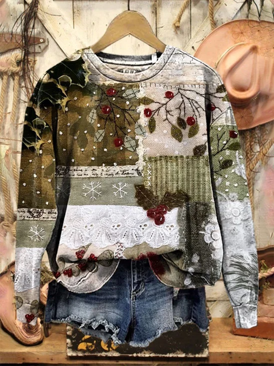 Damen Weihnachten Rundhals Print Lässig Frühling/Herbst Langarm Sweatshirt