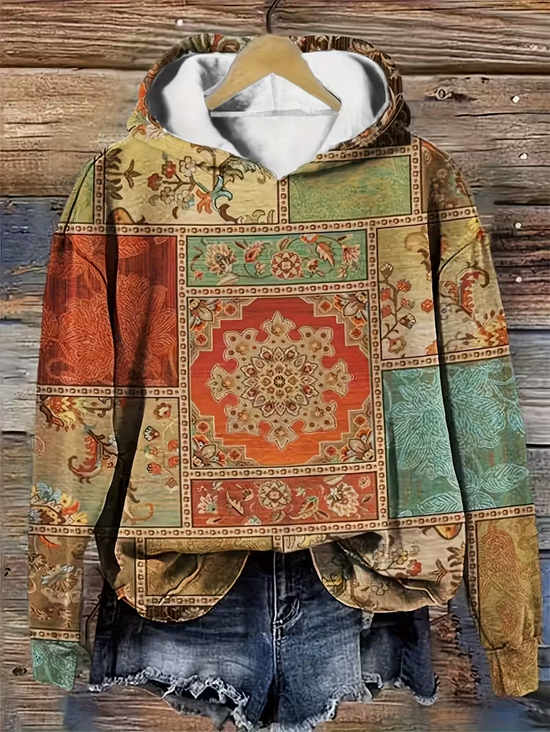 Damen Ethnisch Frühling/Herbst Print Langarm Lässig Täglich Kapuze