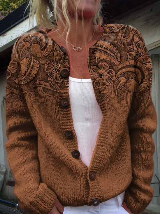 Damen Geblümt Print Langarm Rundhals Retro Frühling/Herbst Strickjacke Oberbekleidung