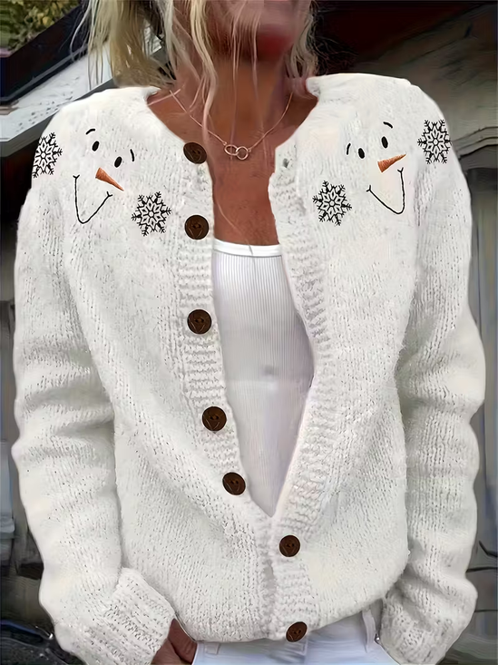 Damen Weihnachtsschneemann Print Langarm Rundhals Retro Frühling/Herbst Strickjacke Oberbekleidung