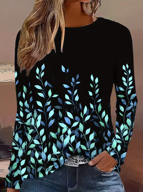 Damen Blätter Langarm T-Shirts T-Shirt Rundhals Print Lässig Frühling/Herbst T-Shirt mit Grafik Oberteile