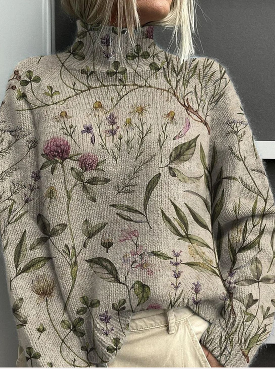 Damen Geblümt Print Frühling/Herbst Retro Langarm Rollkragen Pullover