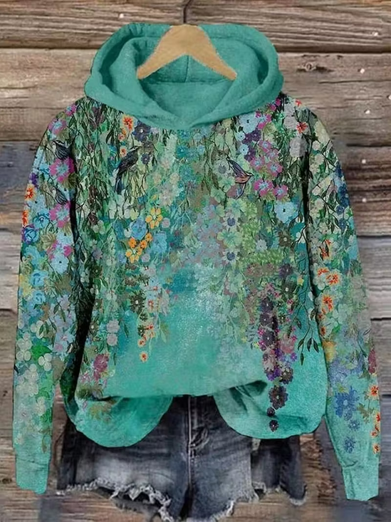 Damen Geblümt Frühling/Herbst Print Langarm Lässig Täglich Kapuze