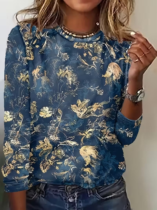 Damen Geblümt Langarm T-Shirts T-Shirt Rundhals Print Lässig Frühling/Herbst T-Shirt mit Grafik Oberteile