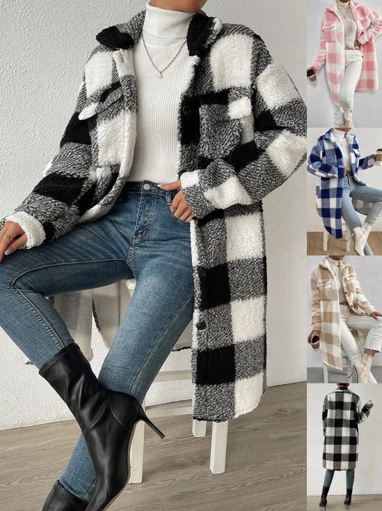 Damen Kariert Winter Oberbekleidung Lässig Print Mittellang Schalkragen Mantel