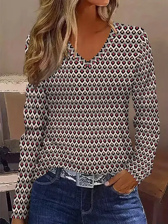 Damen Abstrakt Langarm T-Shirts T-Shirt V-Ausschnitt Print Lässig Frühling/Herbst T-Shirt mit Grafik Oberteile