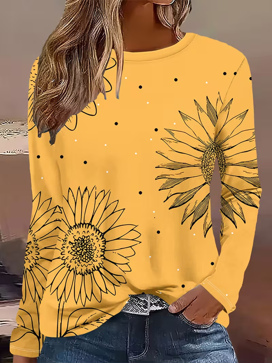 Damen Sonnenblume Langarm T-Shirts T-Shirt Rundhals Print Lässig Frühling/Herbst T-Shirt mit Grafik Oberteile