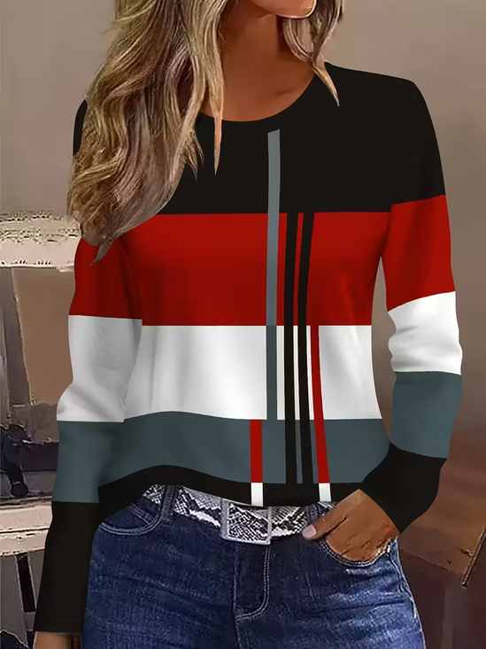 Damen Abstrakt Langarm T-Shirts T-Shirt Rundhals Print Lässig Frühling/Herbst T-Shirt mit Grafik Oberteile