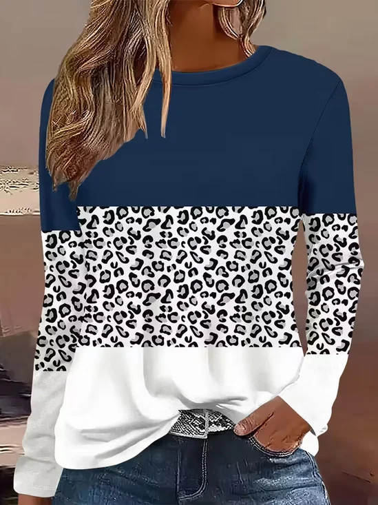 Damen Leopard Langarm T-Shirts T-Shirt Rundhals Print Lässig Frühling/Herbst T-Shirt mit Grafik Oberteile