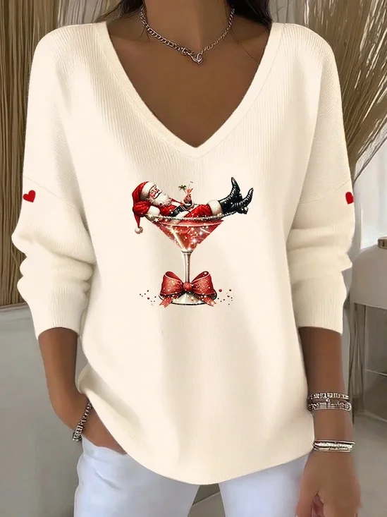 Damen Weihnachtsmann Langarm T-Shirts T-Shirt V-Ausschnitt Print Lässig Frühling/Herbst Oberteile
