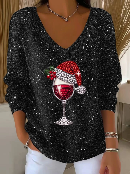 Damen Weihnachten Langarm T-Shirts T-Shirt V-Ausschnitt Print Lässig Frühling/Herbst Oberteile