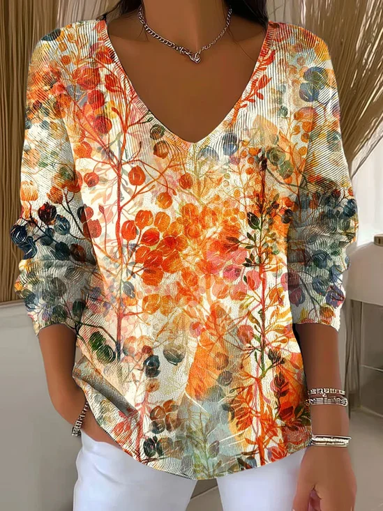 Damen Geblümt Langarm T-Shirts T-Shirt V-Ausschnitt Print Lässig Frühling/Herbst Oberteile
