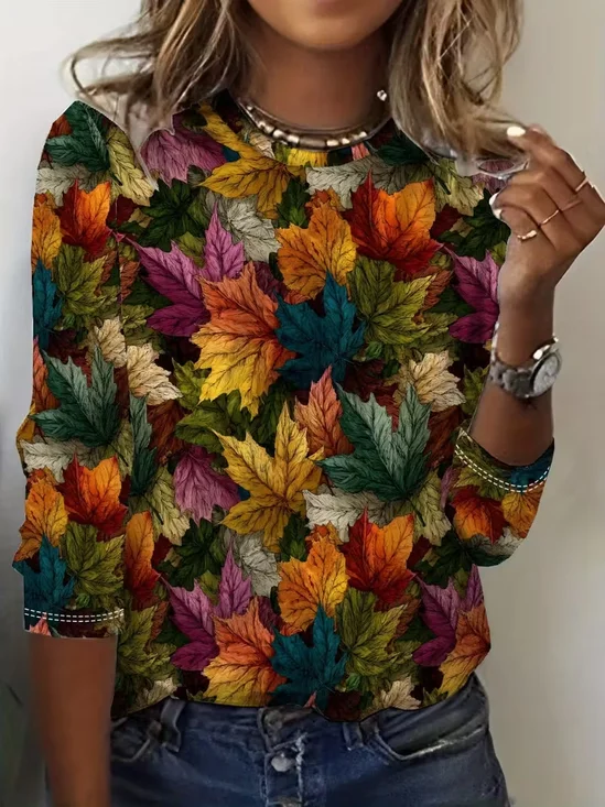 Damen Ahornblatt Langarm T-Shirts T-Shirt Rundhals Print Lässig Frühling/Herbst T-Shirt mit Grafik Oberteile
