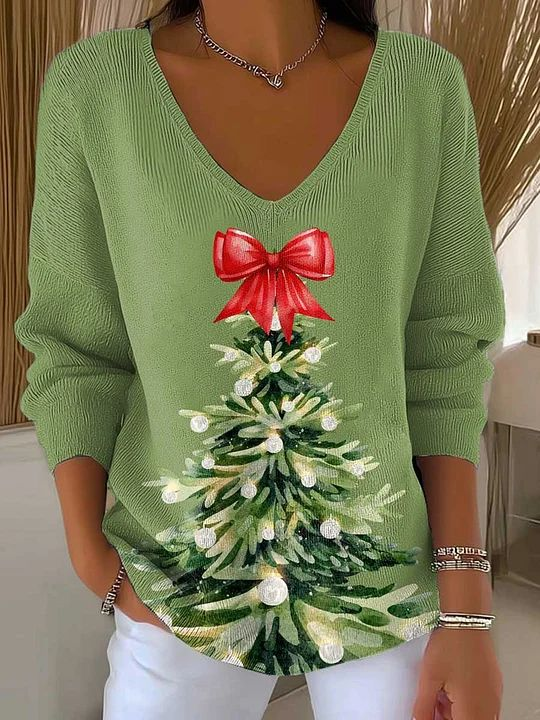 Damen Weihnachten Langarm T-Shirts T-Shirt V-Ausschnitt Print Lässig Frühling/Herbst Oberteile