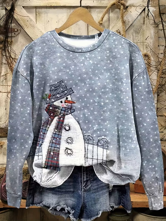 Damen Weihnachtsschneemann Rundhals Print Lässig Frühling/Herbst Langarm Sweatshirt