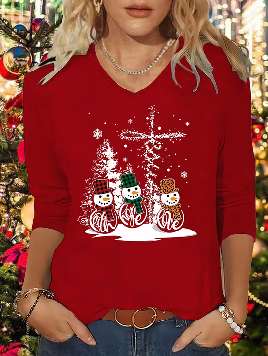 Damen Weihnachtsschneemann Langarm T-Shirts T-Shirt V-Ausschnitt Print Lässig Frühling/Herbst T-Shirt mit Grafik Oberteile