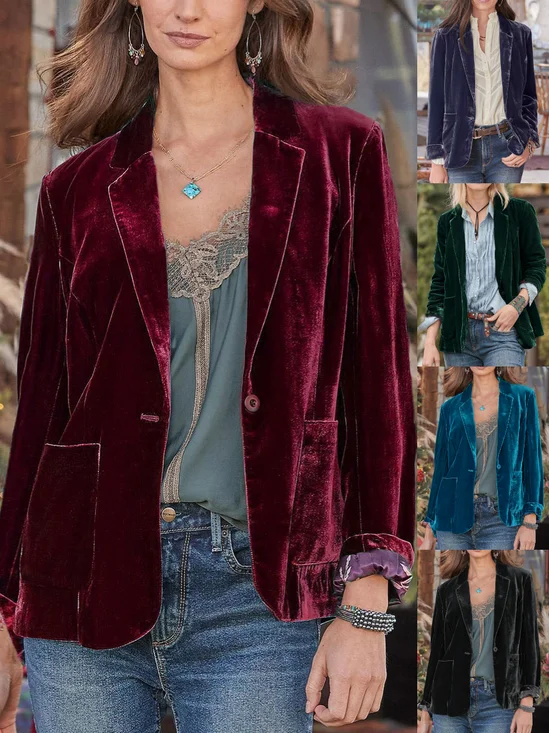 Damen Unifarben Frühling/Herbst Oberbekleidung Retro Schnalle Langarm Reverskragen Regelmäßig Blazer