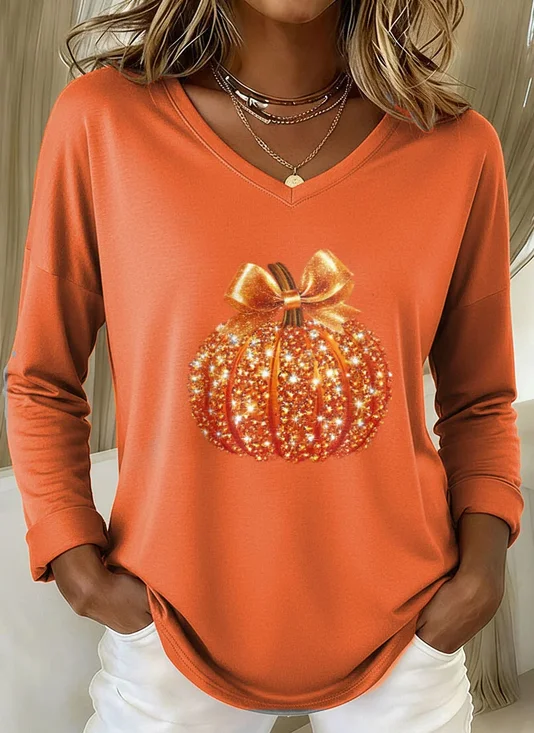 Damen Halloween (Kürbis) Langarm T-Shirts T-Shirt V-Ausschnitt Print Lässig Frühling/Herbst T-Shirt mit Grafik Oberteile