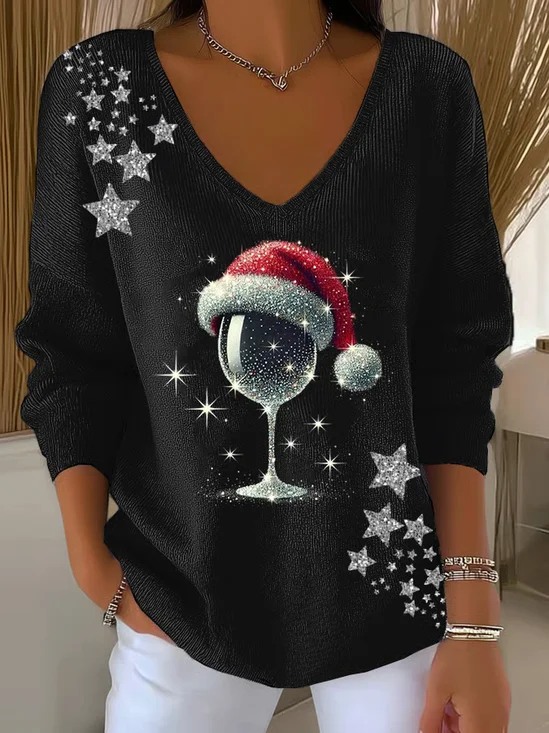 Damen Weihnachten Langarm T-Shirts T-Shirt V-Ausschnitt Print Lässig Frühling/Herbst Oberteile