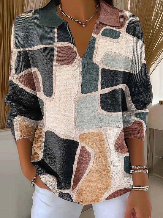 Damen Abstrakt Print Frühling/Herbst Lässig Langarm Schalkragen Pullover