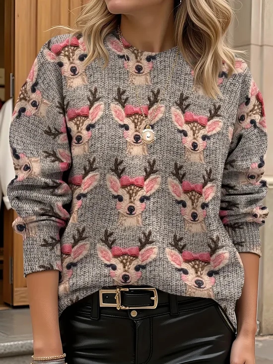 Damen Weihnachten Print Frühling/Herbst Lässig Langarm Rundhals Pullover