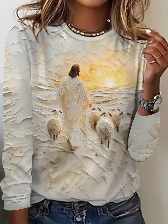 Damen Jesus Kopieren Langarm T-Shirts T-Shirt Rundhals Print Lässig Frühling/Herbst T-Shirt mit Grafik Oberteile