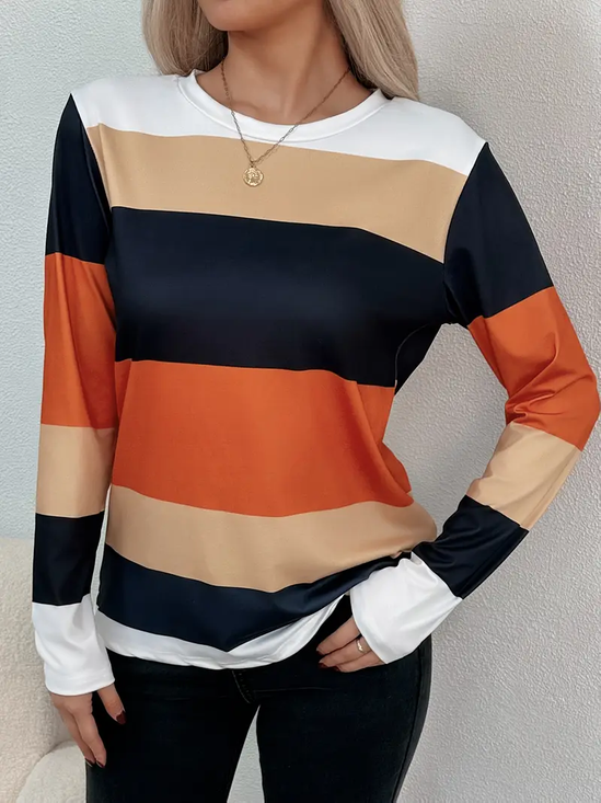 Damen Gestreift Langarm T-Shirts T-Shirt Rundhals Print Lässig Frühling/Herbst T-Shirt mit Grafik Oberteile