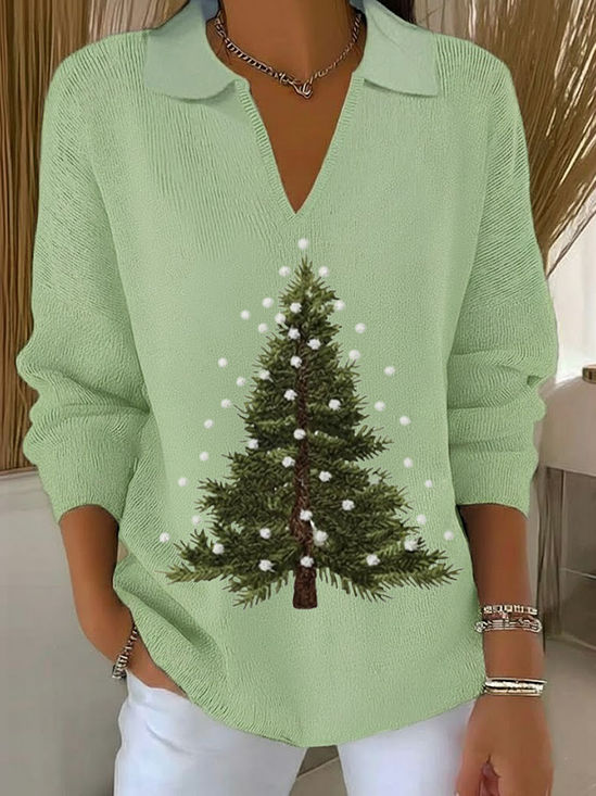 Damen Weihnachten Print Frühling/Herbst Lässig Langarm Schalkragen Pullover