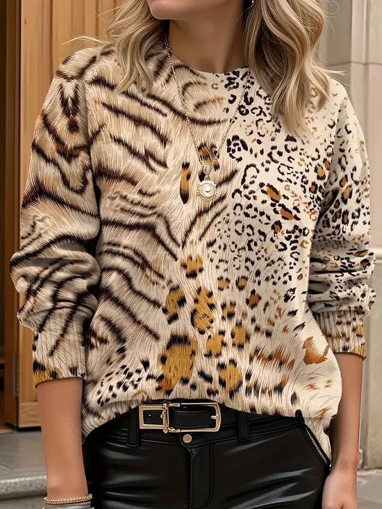 Damen Leopard Print Frühling/Herbst Lässig Langarm Rundhals Pullover