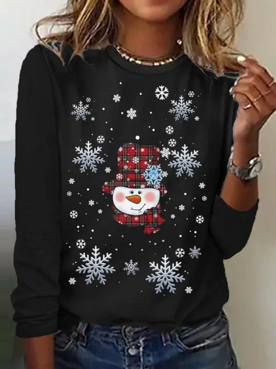 Damen Weihnachtsschneemann Langarm T-Shirts T-Shirt Rundhals Print Lässig Frühling/Herbst T-Shirt mit Grafik Oberteile