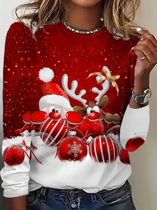 Damen Weihnachten Langarm T-Shirts T-Shirt Rundhals Print Lässig Frühling/Herbst T-Shirt mit Grafik Oberteile