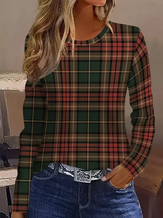 Damen Kariert Langarm T-Shirts T-Shirt Rundhals Print Lässig Frühling/Herbst T-Shirt mit Grafik Oberteile