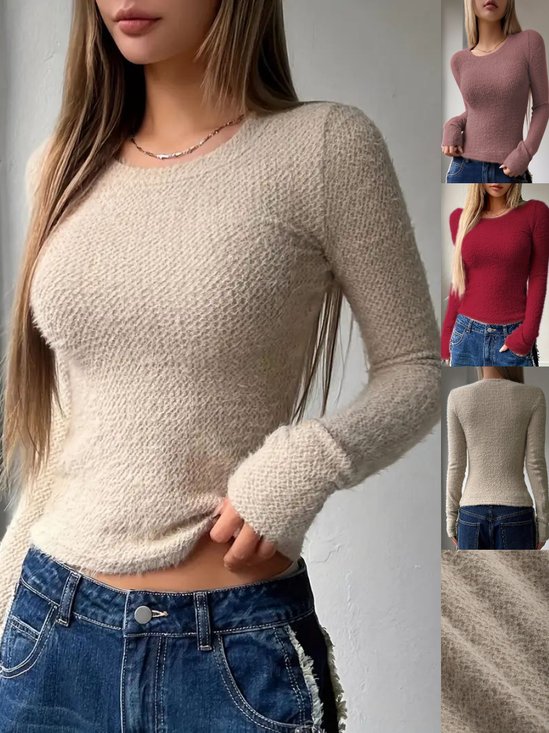 Damen Unifarben Langarm T-Shirts T-Shirt Rundhals Nahtverarbeitung Lässig Frühling/Herbst Oberteile