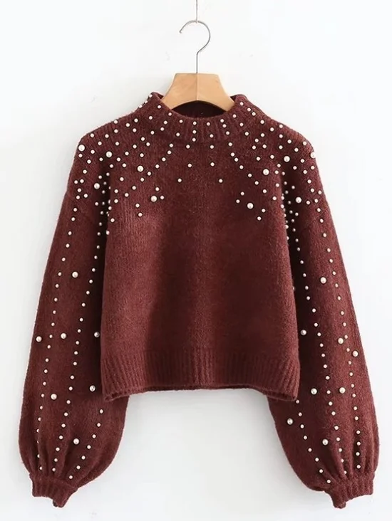 Damen Unifarben Perlen Winter Straße Ballon-Ärmel Langarm Mock Neck Baumwollmischung Pullover