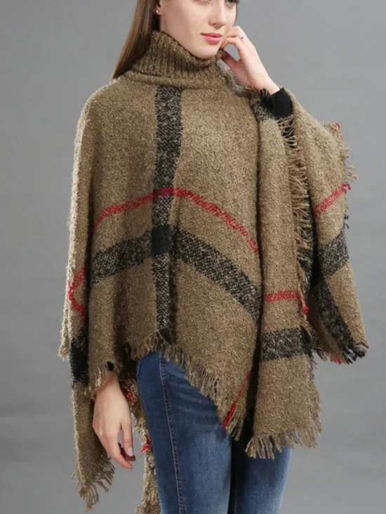 Damen Frühling/Herbst Oberbekleidung Retro Quaste Farbblock Rollkragen Cape Mantel